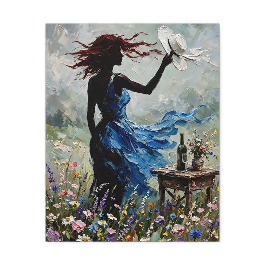 Canvas Wall Art – 'Windy Day' Woman in Blue Dress Painting (Stretched Canvas)