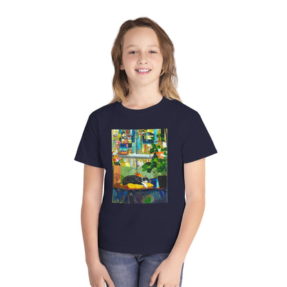 Youth Tee — Cozy Window Cat Print