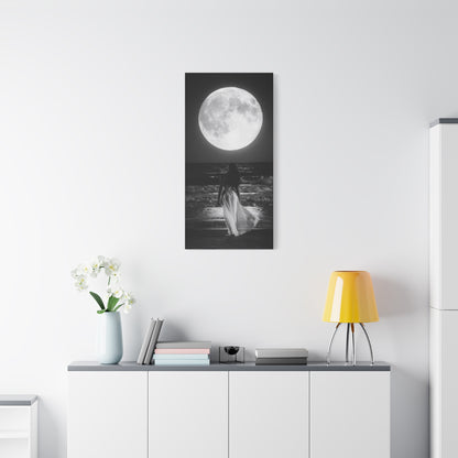 Moonlit Beach Canvas Wall Art — Woman Walking Toward Full Moon (Black & White)