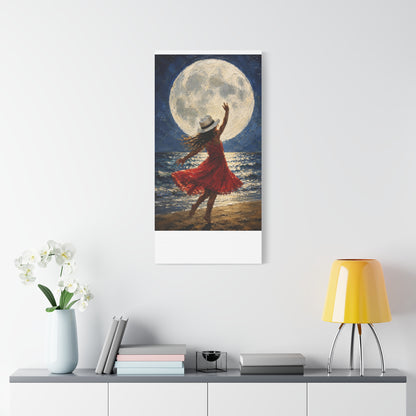 Moonlit Dance Canvas Wall Art – Woman in Red Dress Beach Painting