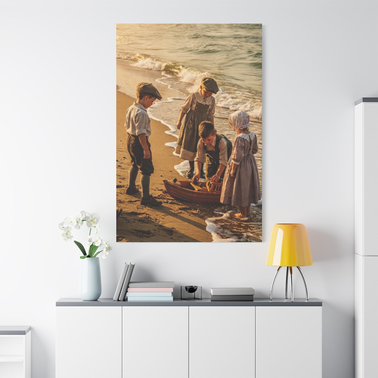 Vintage Children at the Beach Matte Canvas Wall Art (Stretched 1.25")