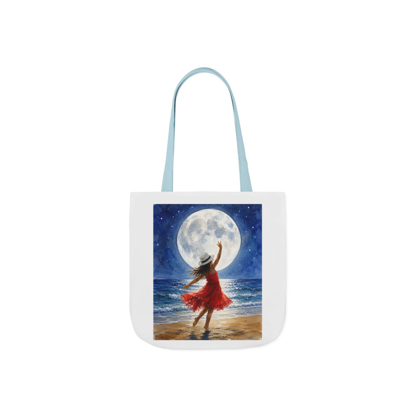 Moonlit Dance Canvas Tote Bag — Woman in Red Dress Beach Art Tote
