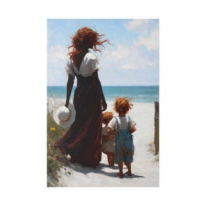 Beach Walk Canvas Print — Mother and Children Seaside Wall Art
