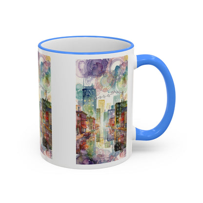 Abstract Cityscape Accent Rim Mug – Colorful Urban Watercolor Coffee Cup (11oz/15oz)