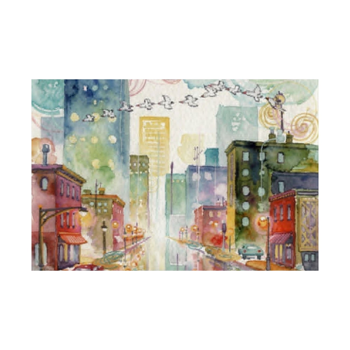 Watercolor Cityscape Matte Poster — Vibrant Urban Street Art Print