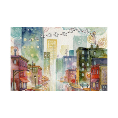 Watercolor Cityscape Matte Poster — Vibrant Urban Street Art Print