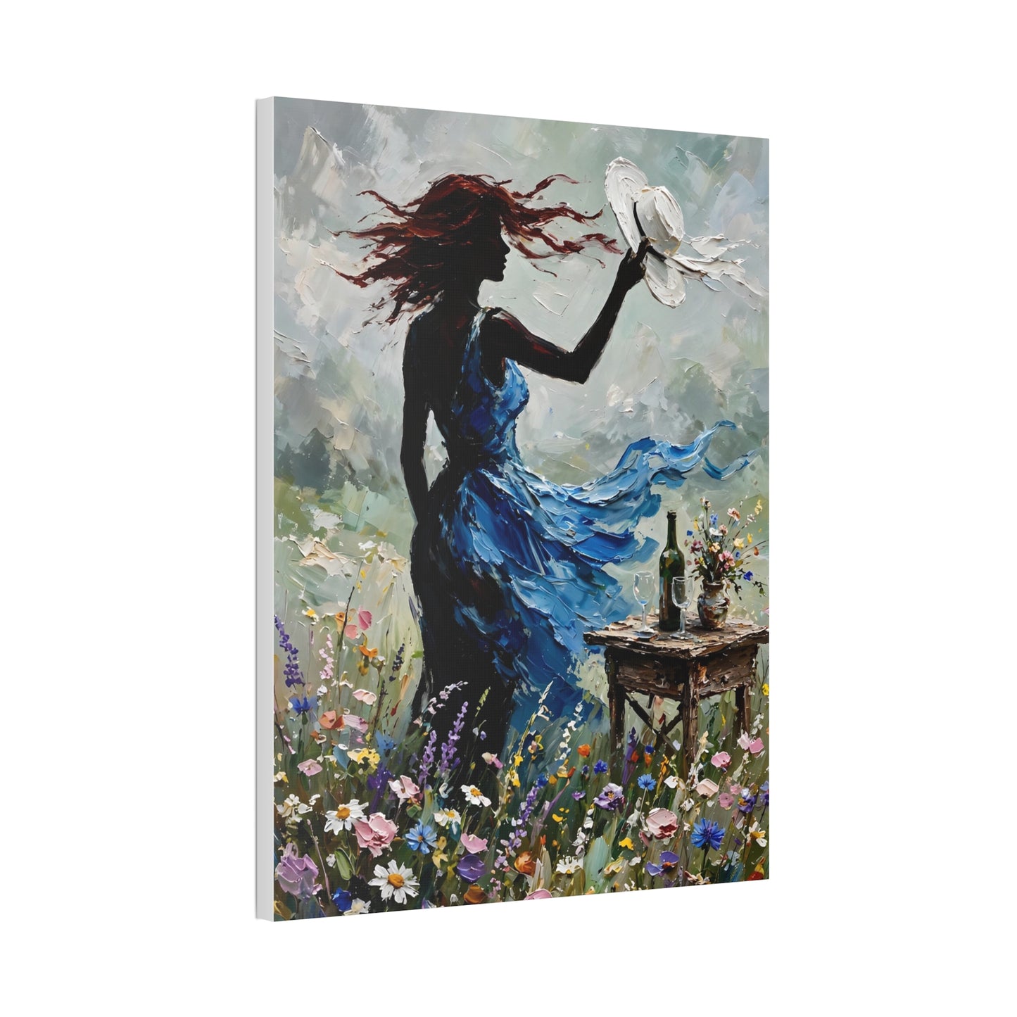 Canvas Wall Art – 'Windy Day' Woman in Blue Dress Painting (Stretched Canvas)