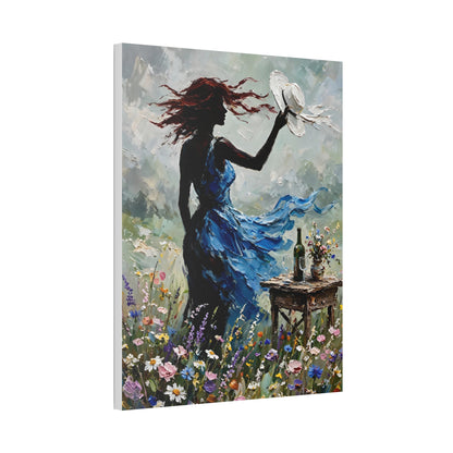 Canvas Wall Art – 'Windy Day' Woman in Blue Dress Painting (Stretched Canvas)