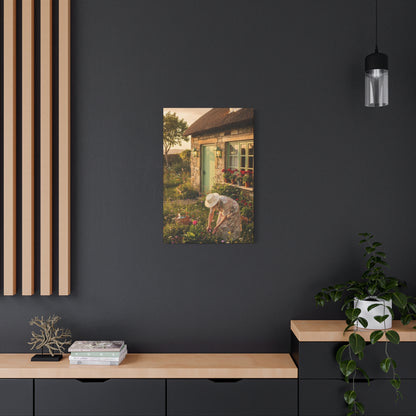 Cottage Garden Canvas Print — Woman Tending Flowers Matte Stretched Wall Art