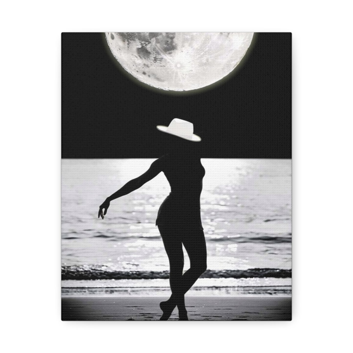 Silhouette at Moonlight – Beach Woman Stretched Canvas Wall Art