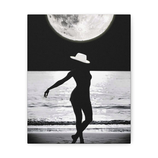 Silhouette at Moonlight – Beach Woman Stretched Canvas Wall Art