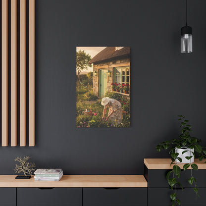 Cottage Garden Canvas Print — Woman Tending Flowers Matte Stretched Wall Art