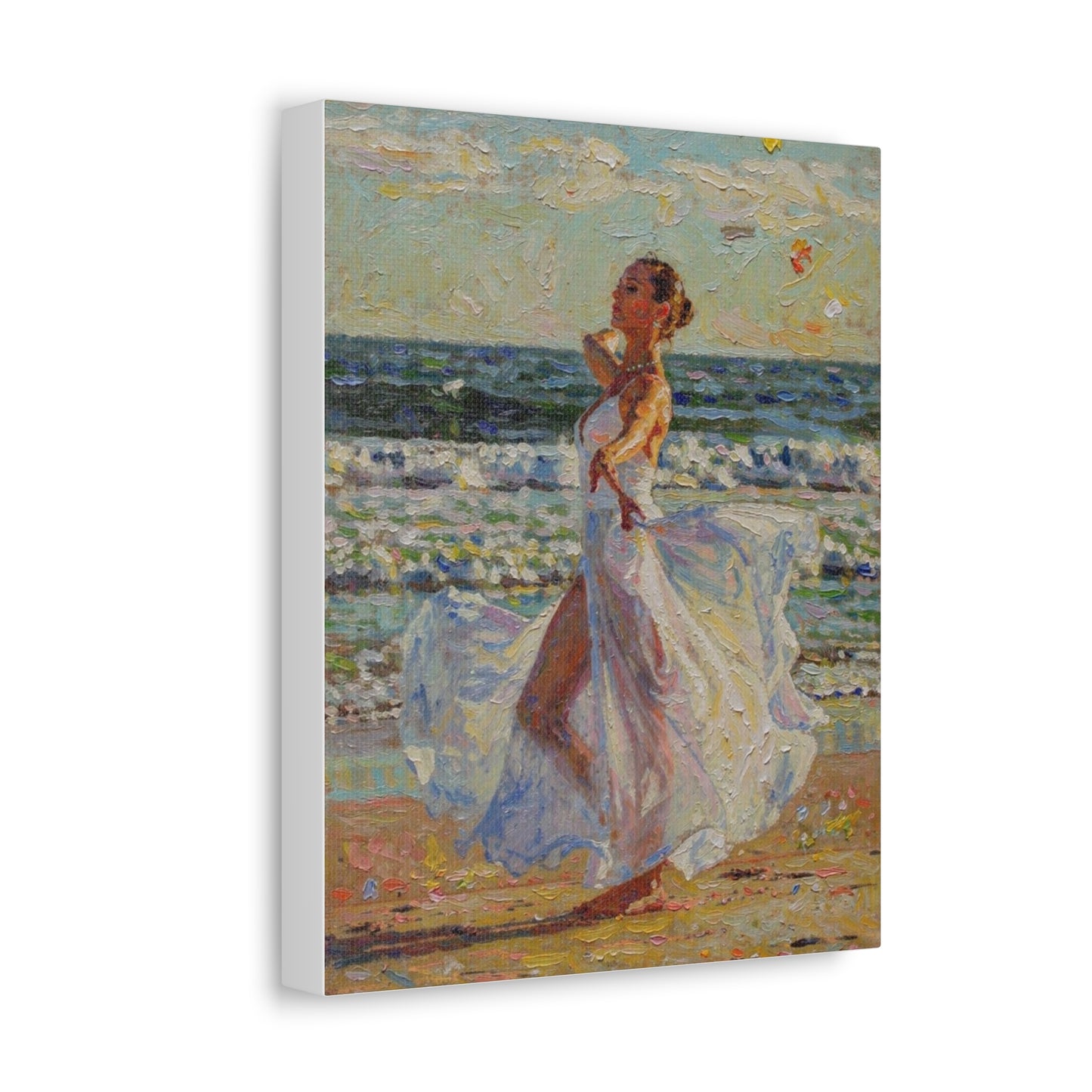 Beach Stroll Canvas Print — Woman in Flowing White Dress Seaside Wall Art