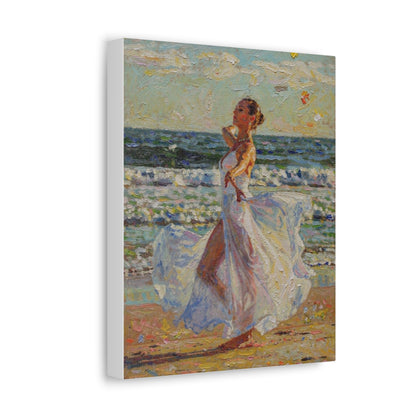 Beach Stroll Canvas Print — Woman in Flowing White Dress Seaside Wall Art