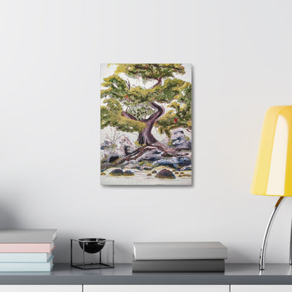 Coastal Bonsai Tree Stretched Canvas Wall Art — Serene Beach Landscape Print