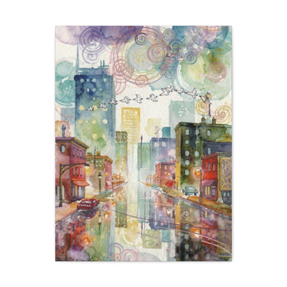 Cityscape Watercolor Stretched Canvas Wall Art — Dreamy Urban Skyline
