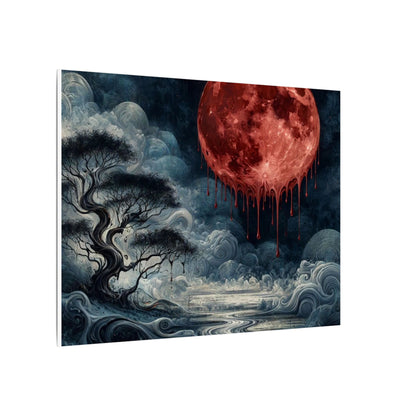 Blood Moon Canvas Art – Dripping Red Moon Over Misty Landscape, Matte Stretched Wall Art
