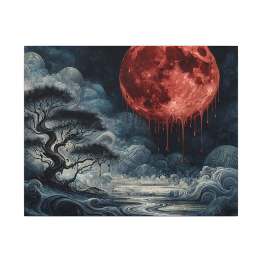 Blood Moon Canvas Art – Dripping Red Moon Over Misty Landscape, Matte Stretched Wall Art