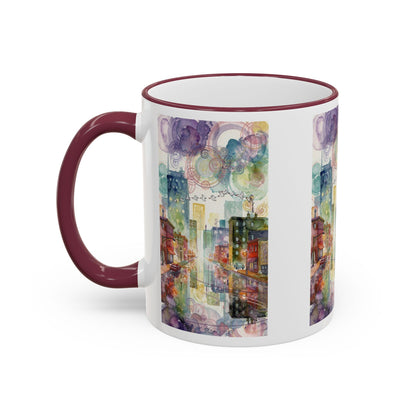 Abstract Cityscape Accent Rim Mug – Colorful Urban Watercolor Coffee Cup (11oz/15oz)