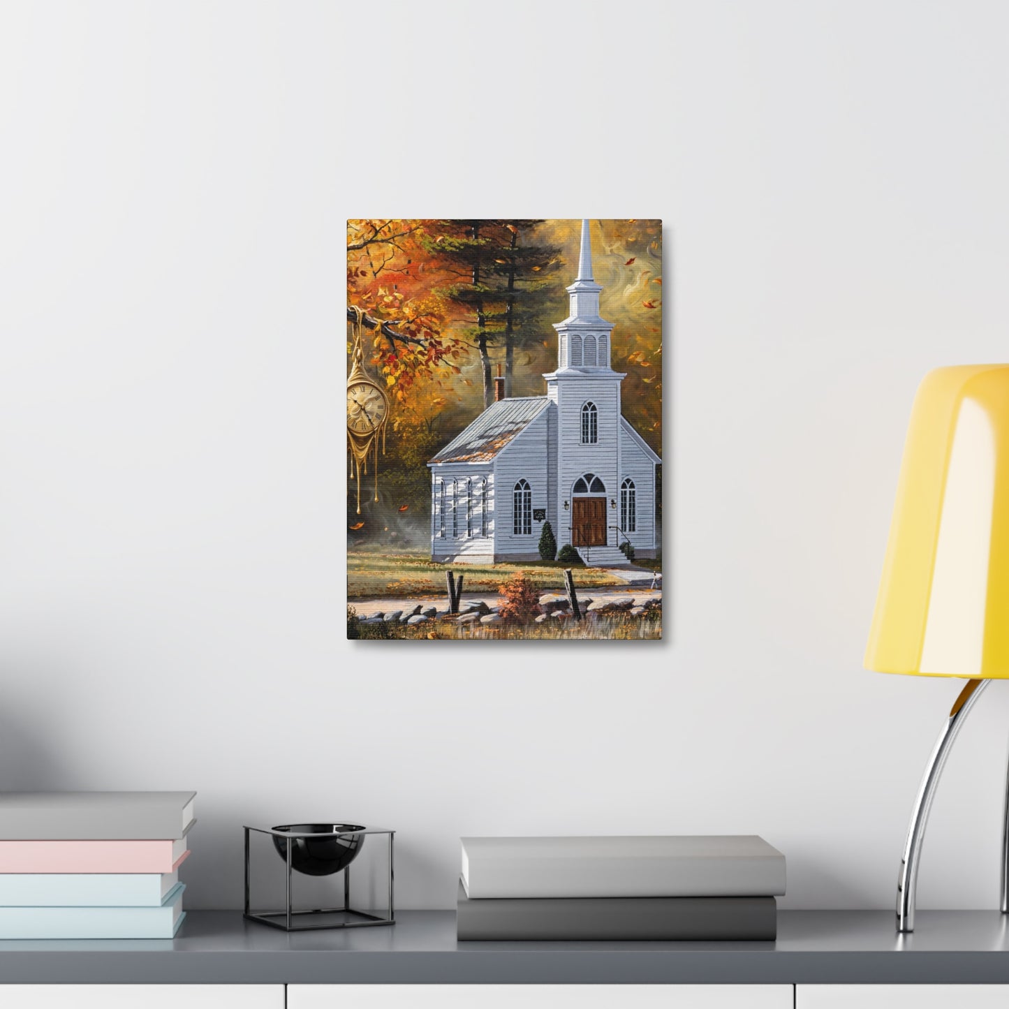 Autumn Chapel Stretched Canvas – Fall Church Wall Art
