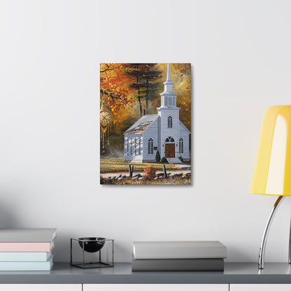 Autumn Chapel Stretched Canvas – Fall Church Wall Art
