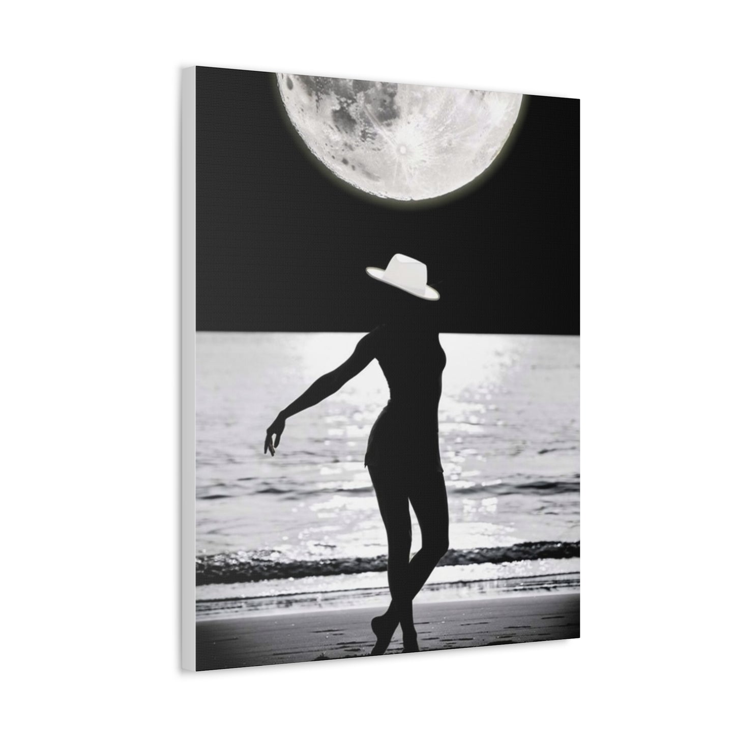 Silhouette at Moonlight – Beach Woman Stretched Canvas Wall Art