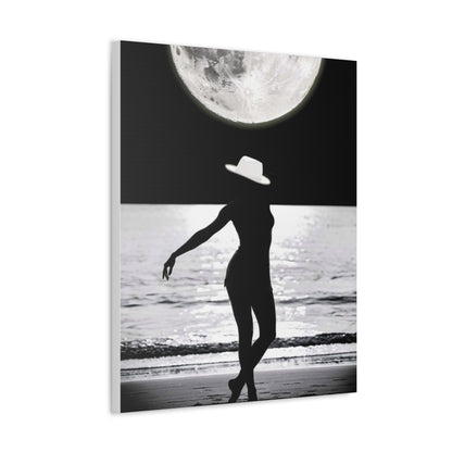 Silhouette at Moonlight – Beach Woman Stretched Canvas Wall Art