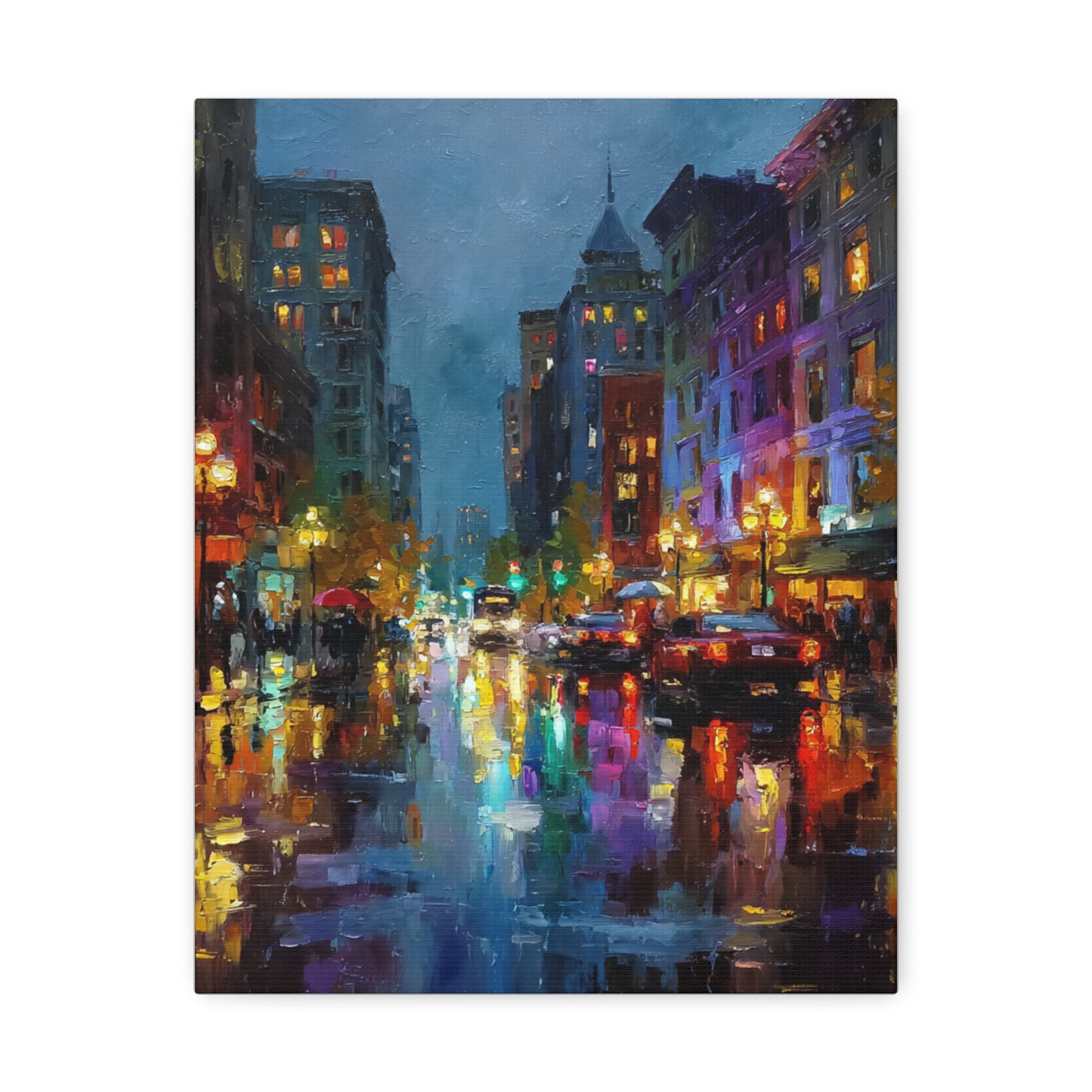 City Nightscape Stretched Canvas – Vibrant Rainy Street Urban Wall Art