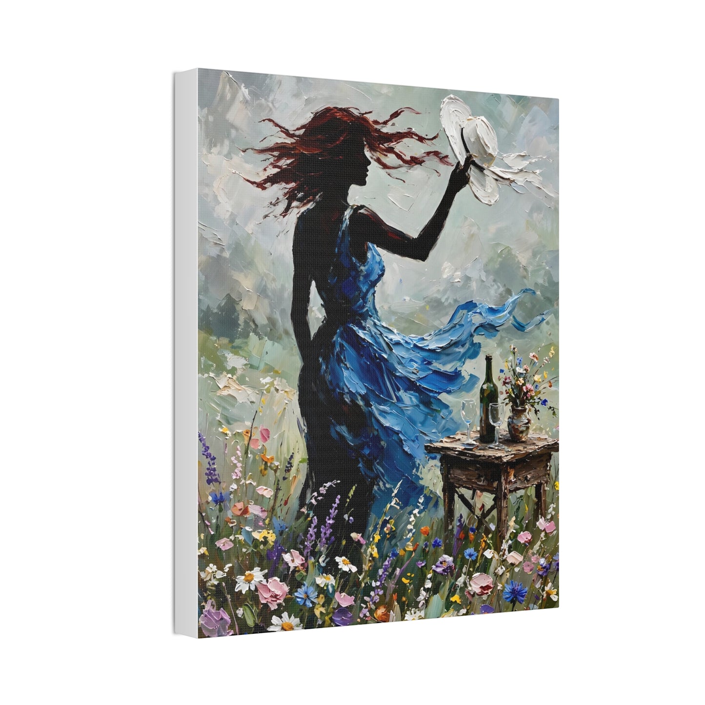 Canvas Wall Art – 'Windy Day' Woman in Blue Dress Painting (Stretched Canvas)