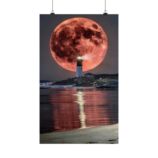 Red Moon Lighthouse Matte Vertical Poster — Surreal Coastal Wall Art