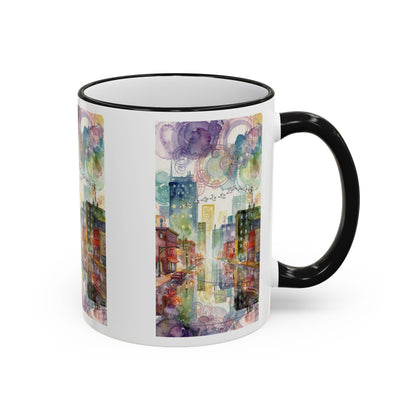 Abstract Cityscape Accent Rim Mug – Colorful Urban Watercolor Coffee Cup (11oz/15oz)