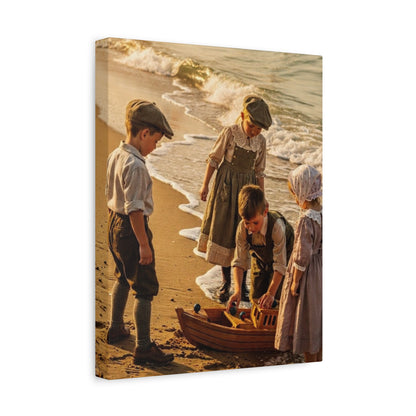 Vintage Children at the Beach Matte Canvas Wall Art (Stretched 1.25")