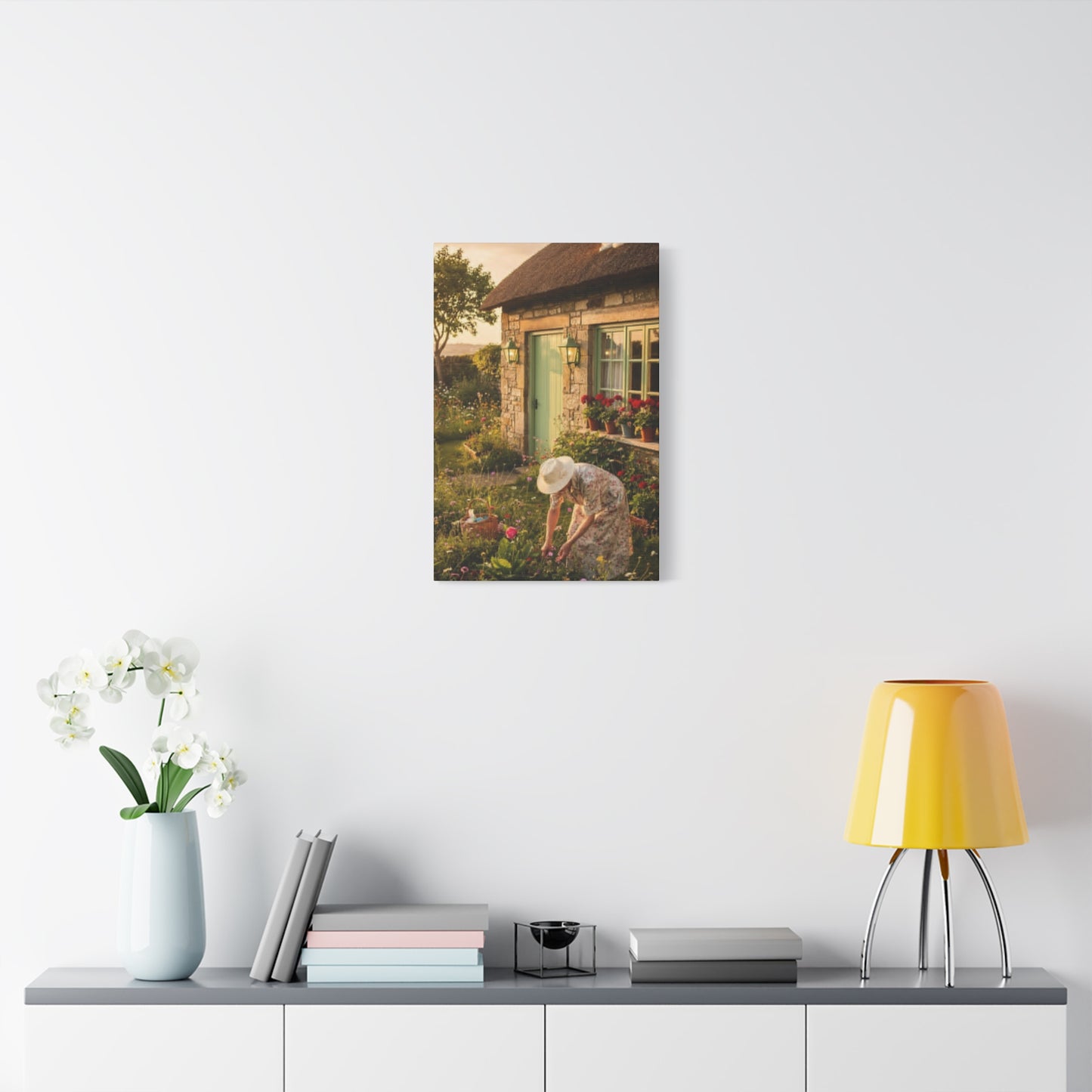 Cottage Garden Canvas Print — Woman Tending Flowers Matte Stretched Wall Art