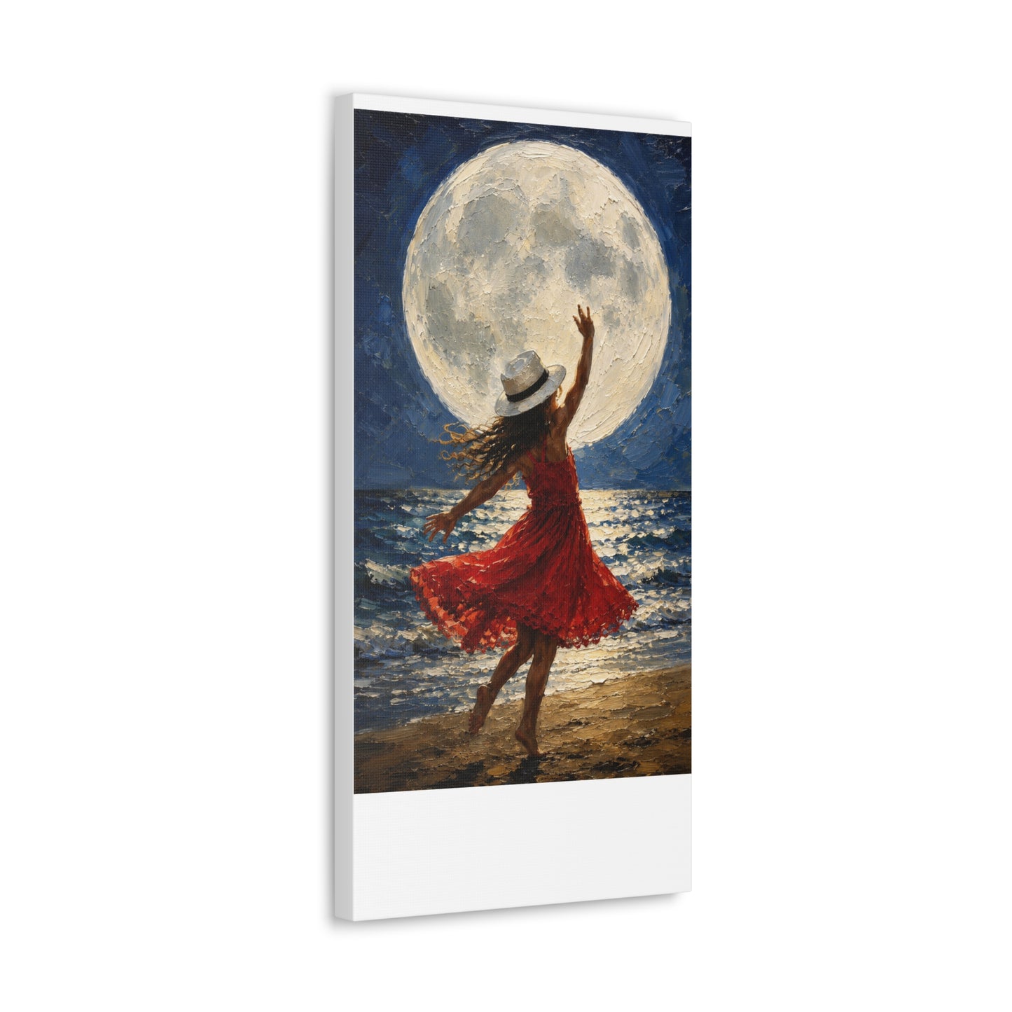 Moonlit Dance Canvas Wall Art – Woman in Red Dress Beach Painting