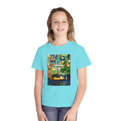 Youth Tee — Cozy Window Cat Print
