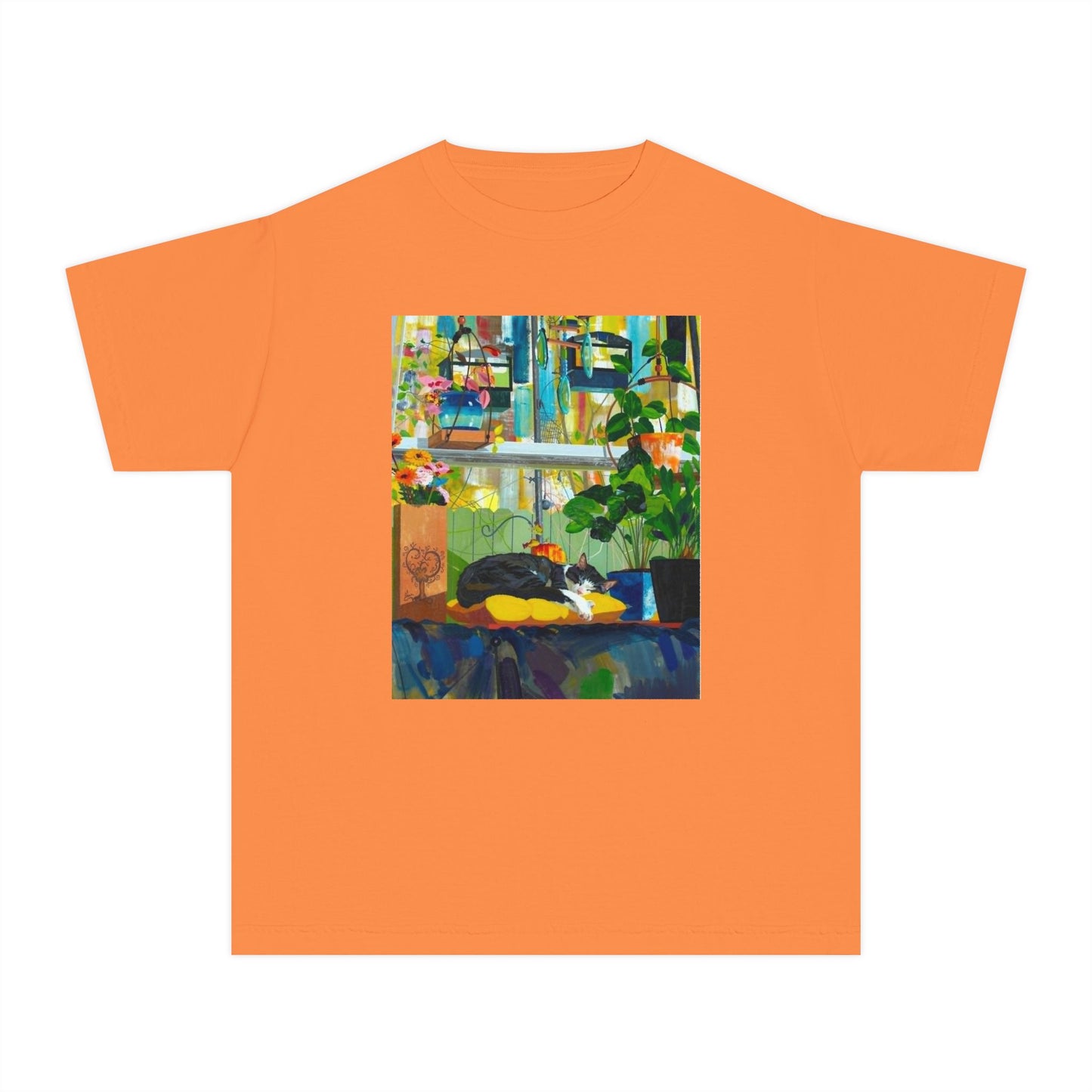 Youth Tee — Cozy Window Cat Print