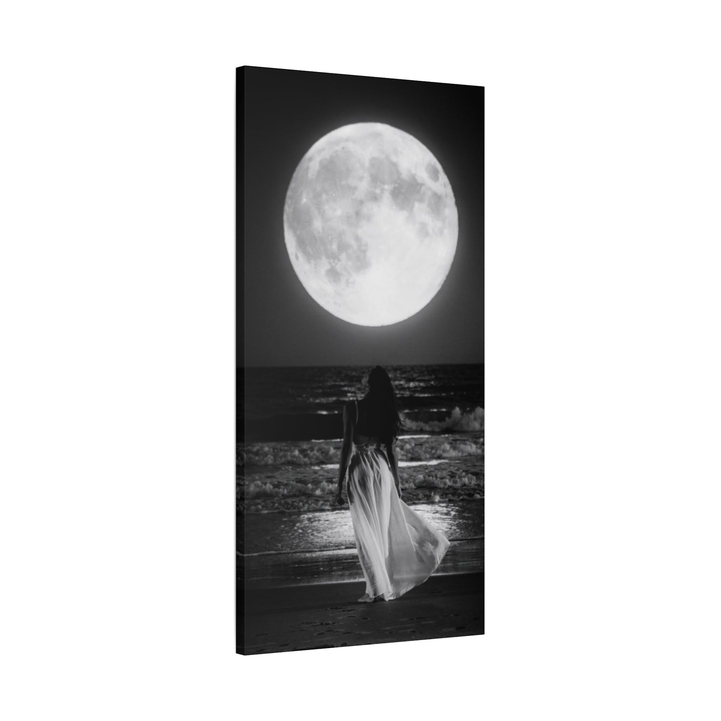 Moonlit Beach Canvas Wall Art — Woman Walking Toward Full Moon (Black & White)