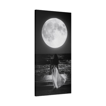 Moonlit Beach Canvas Wall Art — Woman Walking Toward Full Moon (Black & White)