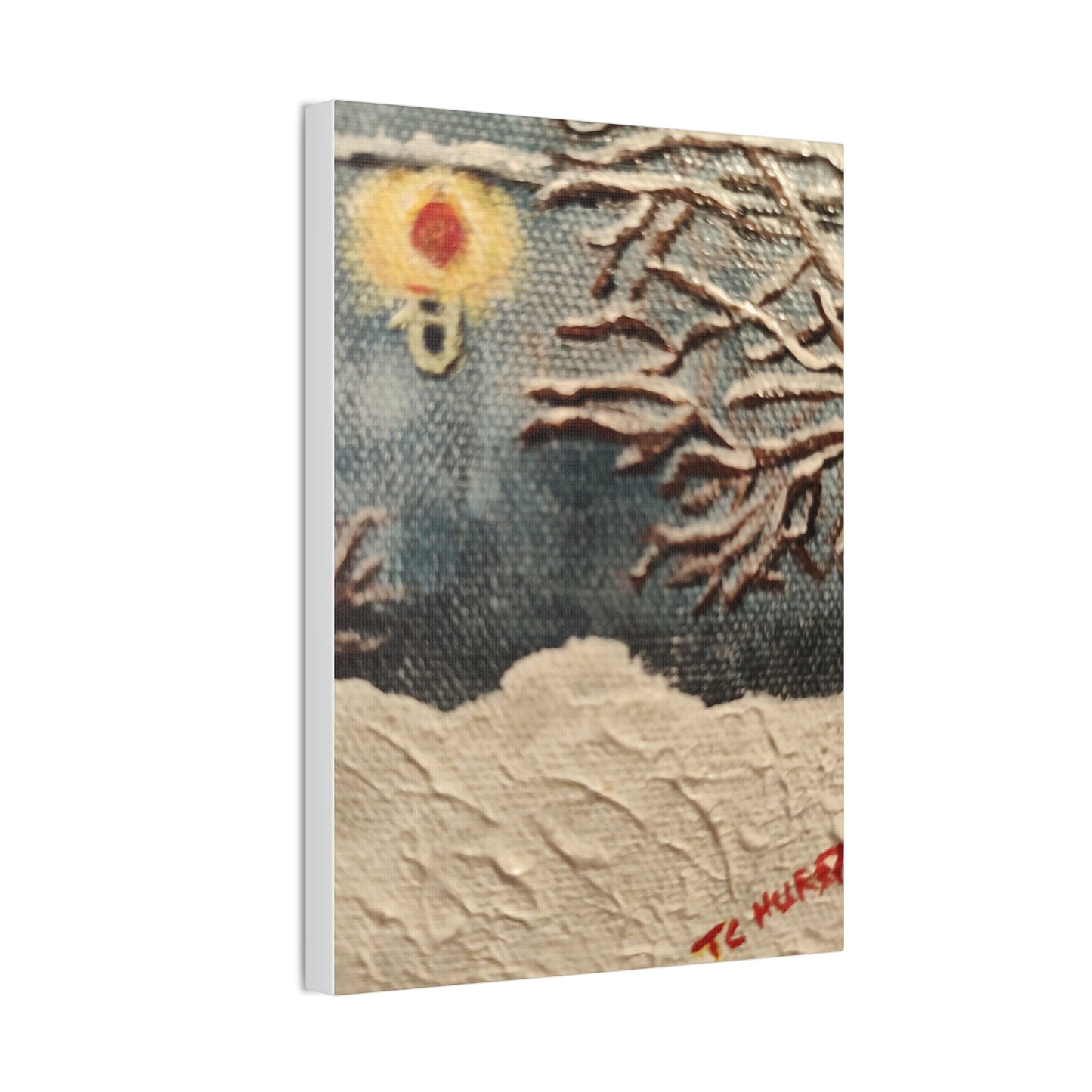Winter Night Canvas Art – Stretched 0.75" Snowy Tree & Lantern Wall Print