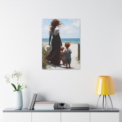 Beach Walk Canvas Print — Mother and Children Seaside Wall Art