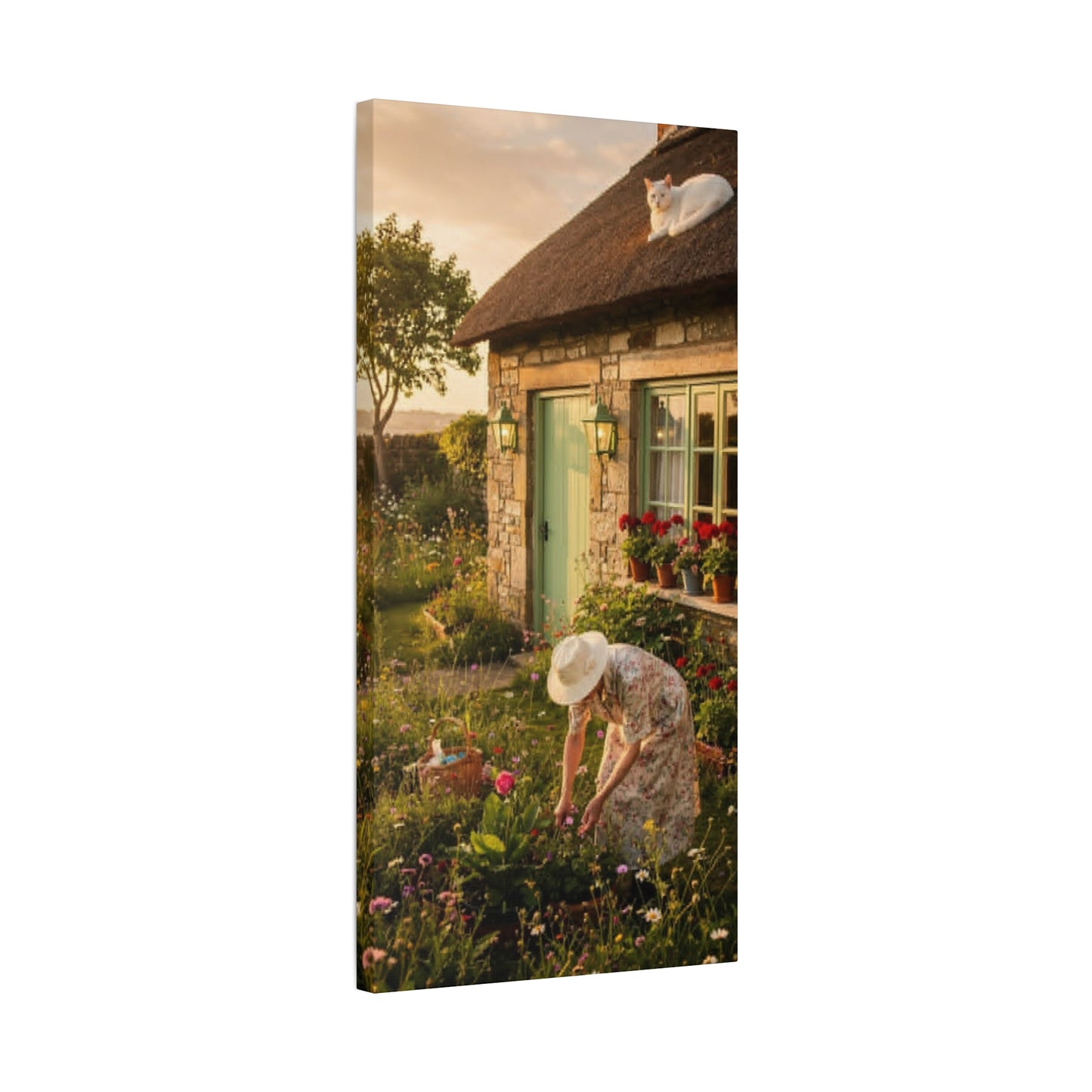 Cottage Garden Canvas Print — Woman Tending Flowers Matte Stretched Wall Art
