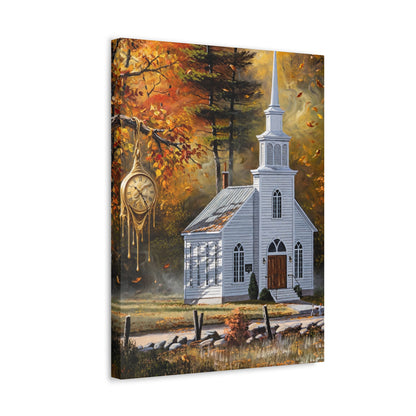 Autumn Chapel Stretched Canvas – Fall Church Wall Art