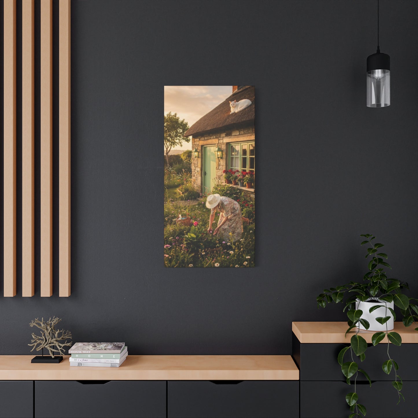 Cottage Garden Canvas Print — Woman Tending Flowers Matte Stretched Wall Art