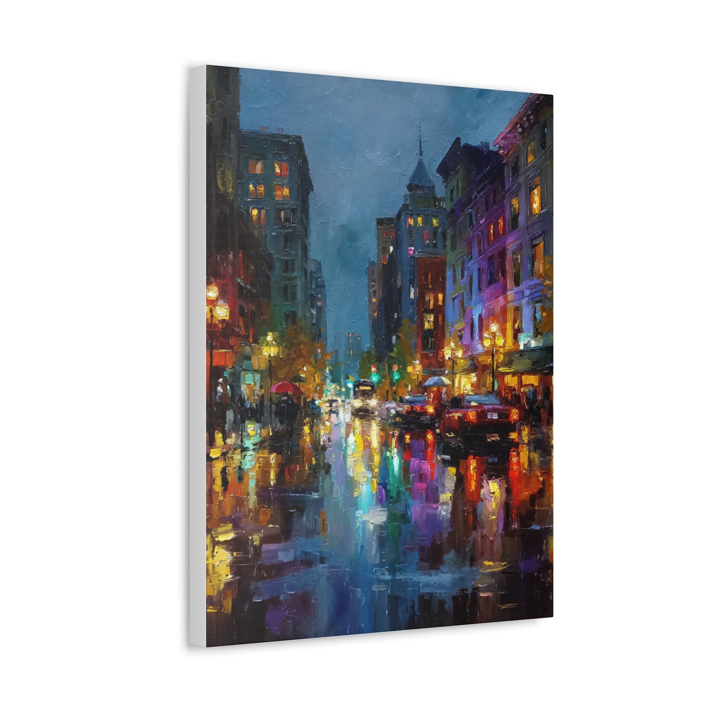 City Nightscape Stretched Canvas – Vibrant Rainy Street Urban Wall Art