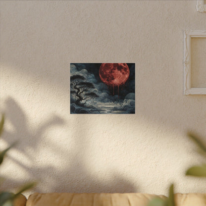 Blood Moon Canvas Art – Dripping Red Moon Over Misty Landscape, Matte Stretched Wall Art