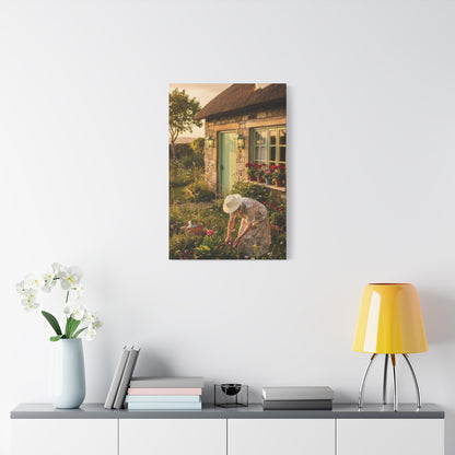Cottage Garden Canvas Print — Woman Tending Flowers Matte Stretched Wall Art