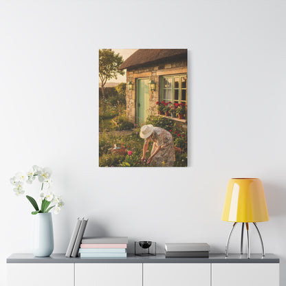 Cottage Garden Canvas Print — Woman Tending Flowers Matte Stretched Wall Art