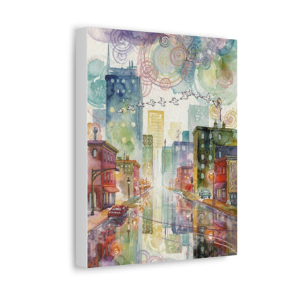 Cityscape Watercolor Stretched Canvas Wall Art — Dreamy Urban Skyline