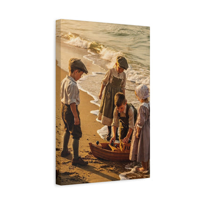 Vintage Children at the Beach Matte Canvas Wall Art (Stretched 1.25")