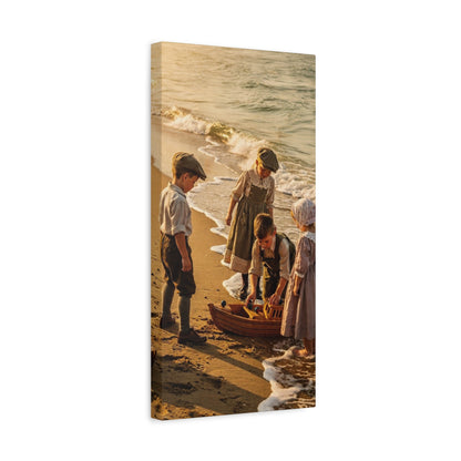 Vintage Children at the Beach Matte Canvas Wall Art (Stretched 1.25")